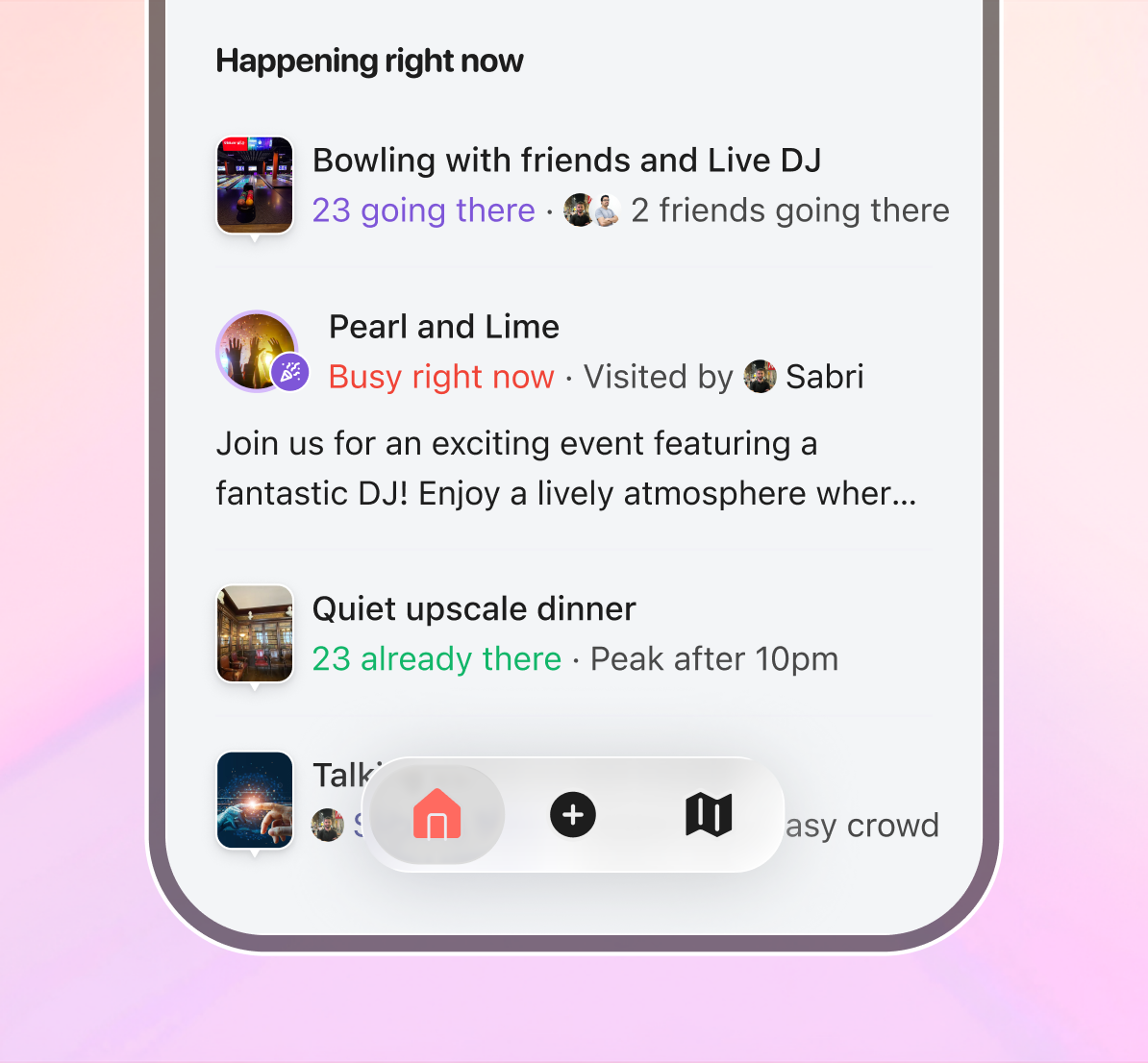 Bottom navigation add bottom events float floating glass glassmorphism happening home nav navigation now