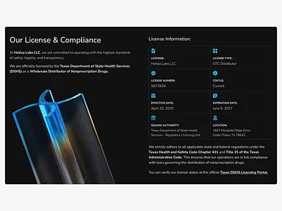 License section for Helixa Labs landing landing page section web website