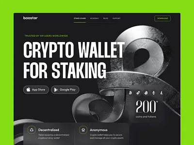 Crypto Wallet for Staking - Landing Page 3d abstract app bitcoin c4d crypto decentralized ethereum landing pag lp octane render staking ui uix ux wallet webdesign