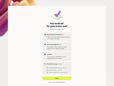 Move-out confirmation for Public Grid bill bills checklist confirmation confirmation screen move in move out moving moving in moving out offboarding onboarding renewable energy success summary summary screen todo utilities utility