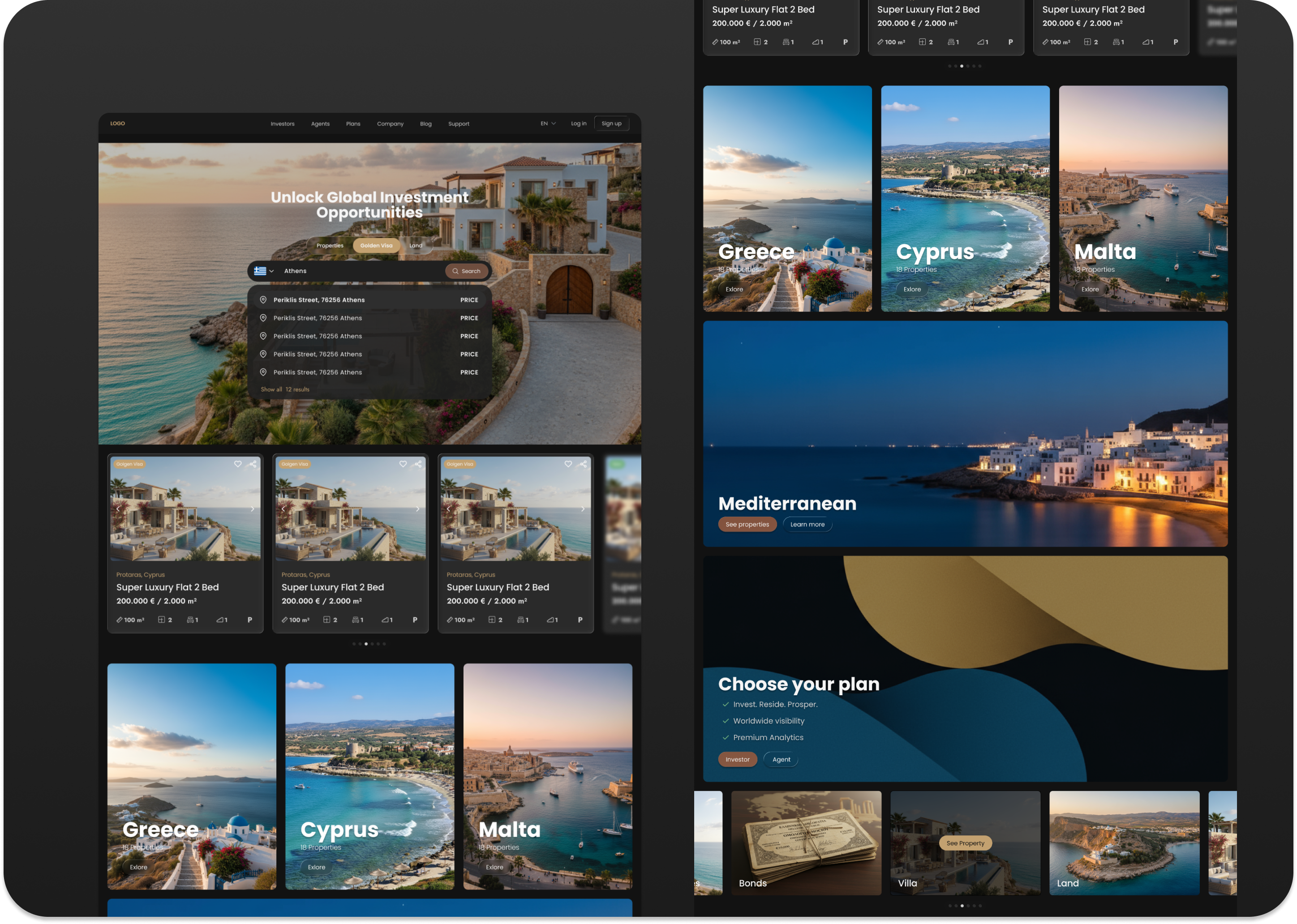 Real Estate Web App - Dark UI Subscription Platform app design crm dashboard dark mode dark ui dashboard figma interface investment platform luxury product design property management proptech real estate real estate agent saas subscription model ui design ux design web design