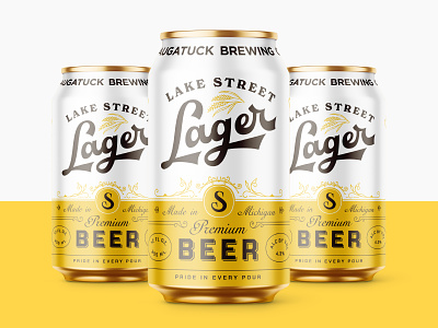 Lake Street Lager Beer Can Label Design beer beer can beer can design beer label beer packaging brewery can design illustration lager lager beer lager design lake street lettering logo logotype script type typography yellow
