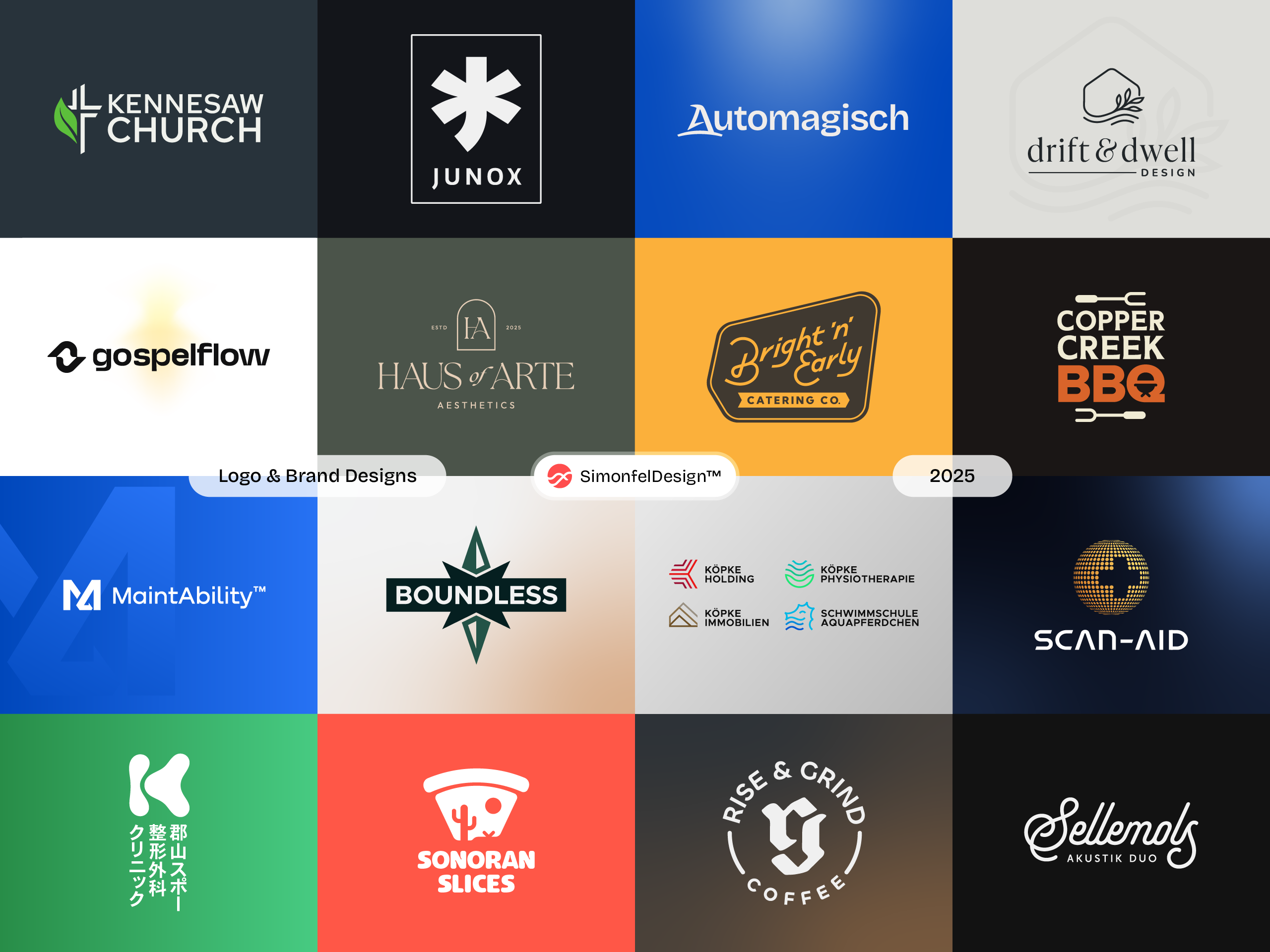 Logo & Brand Designs 2025 by SimonfelDesign™ 2025 aesthetic bold brand colors brand design branding church colorful food and drink logo collection logofolio logomark modern portfolio tech typography virbant wordmark wrapped year in review