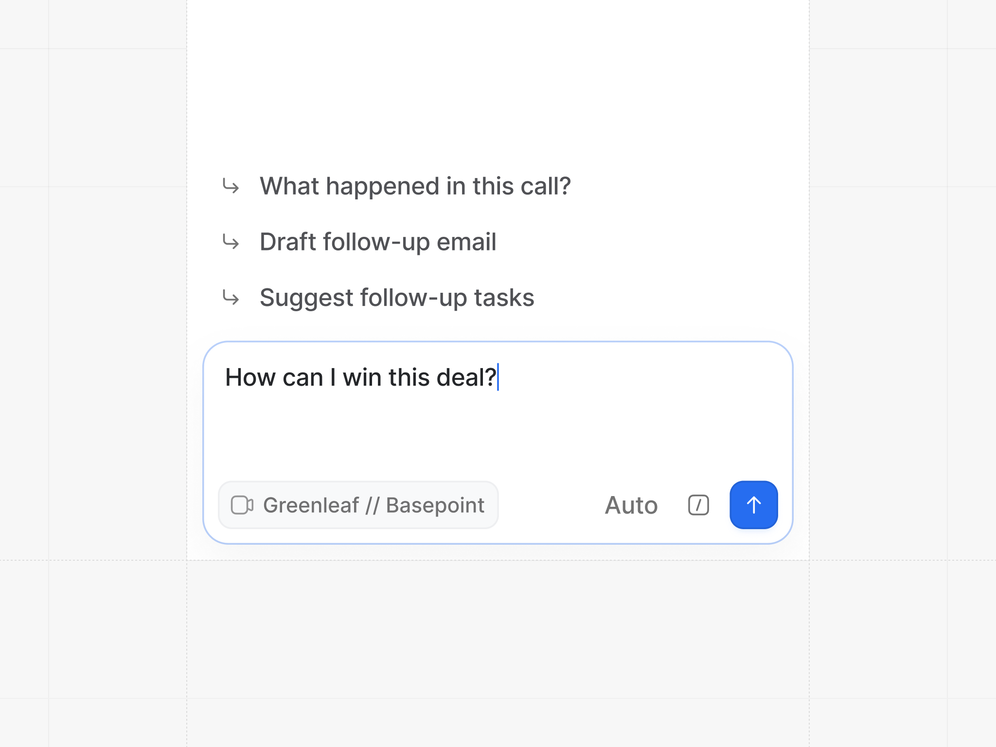 Ask Attio ai ai model artificial intelligence chat clean composer crm desktop input interface prompts shortcuts suggestions ui