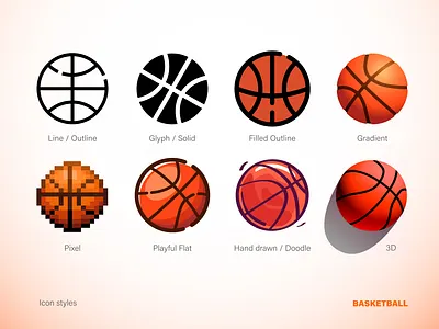 🏀 Basketball Icon: Style Exploration 3d basketall branding design flat graphic design icon iconography iconset illustration line outline pixelart styles ui vector