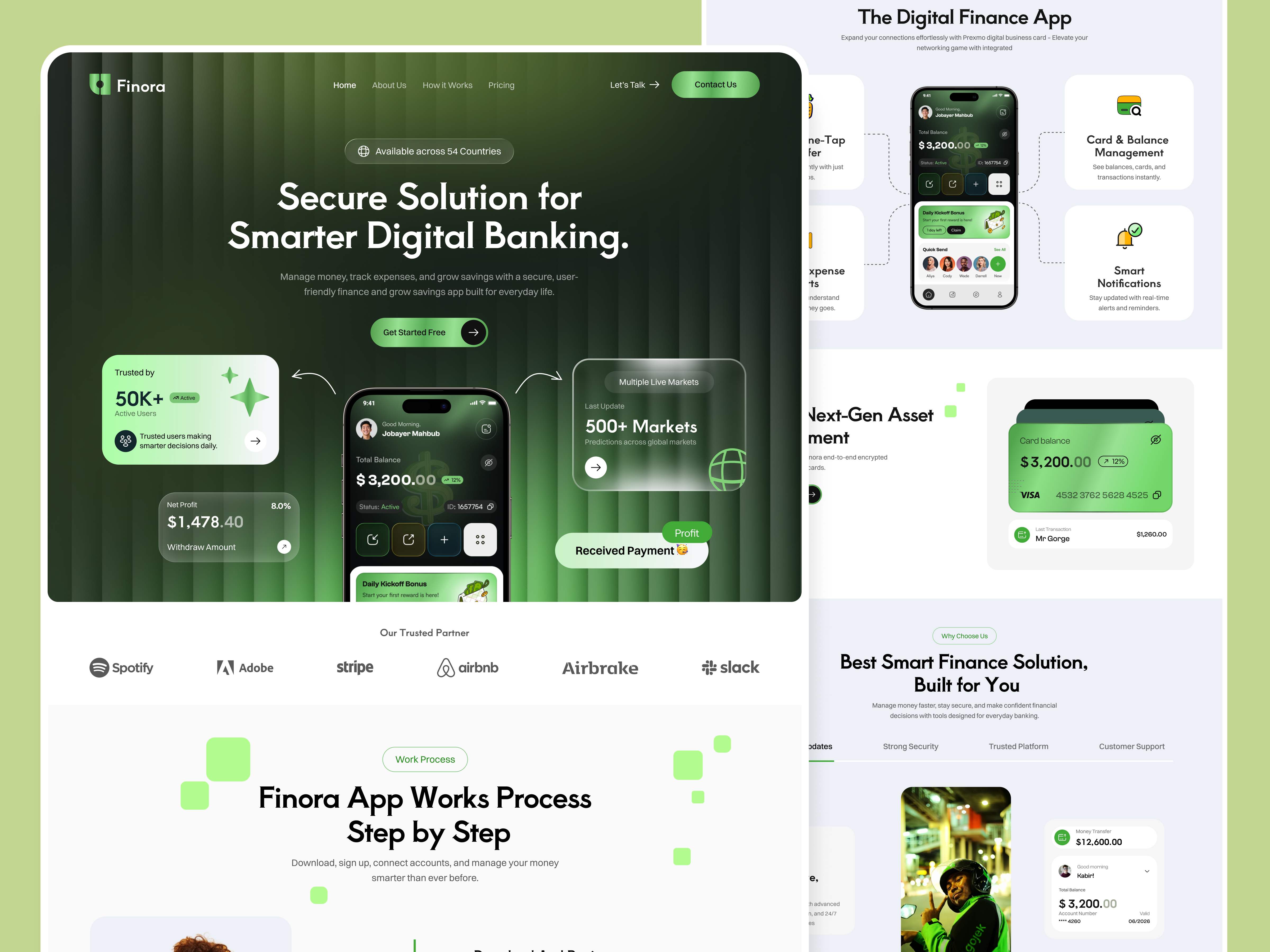 Finora – Digital Banking App Landing Page app landing template app promotion website banking app website finance finance app website fintech green website landing mobile app landing page saas saas landing page ui website