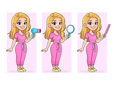 Cartoon beauty salon girl with hair care tools beauty beehaya branding cartoon cartoon character cute girl design girl graphic design hair care illustration salon ui ux vector woman