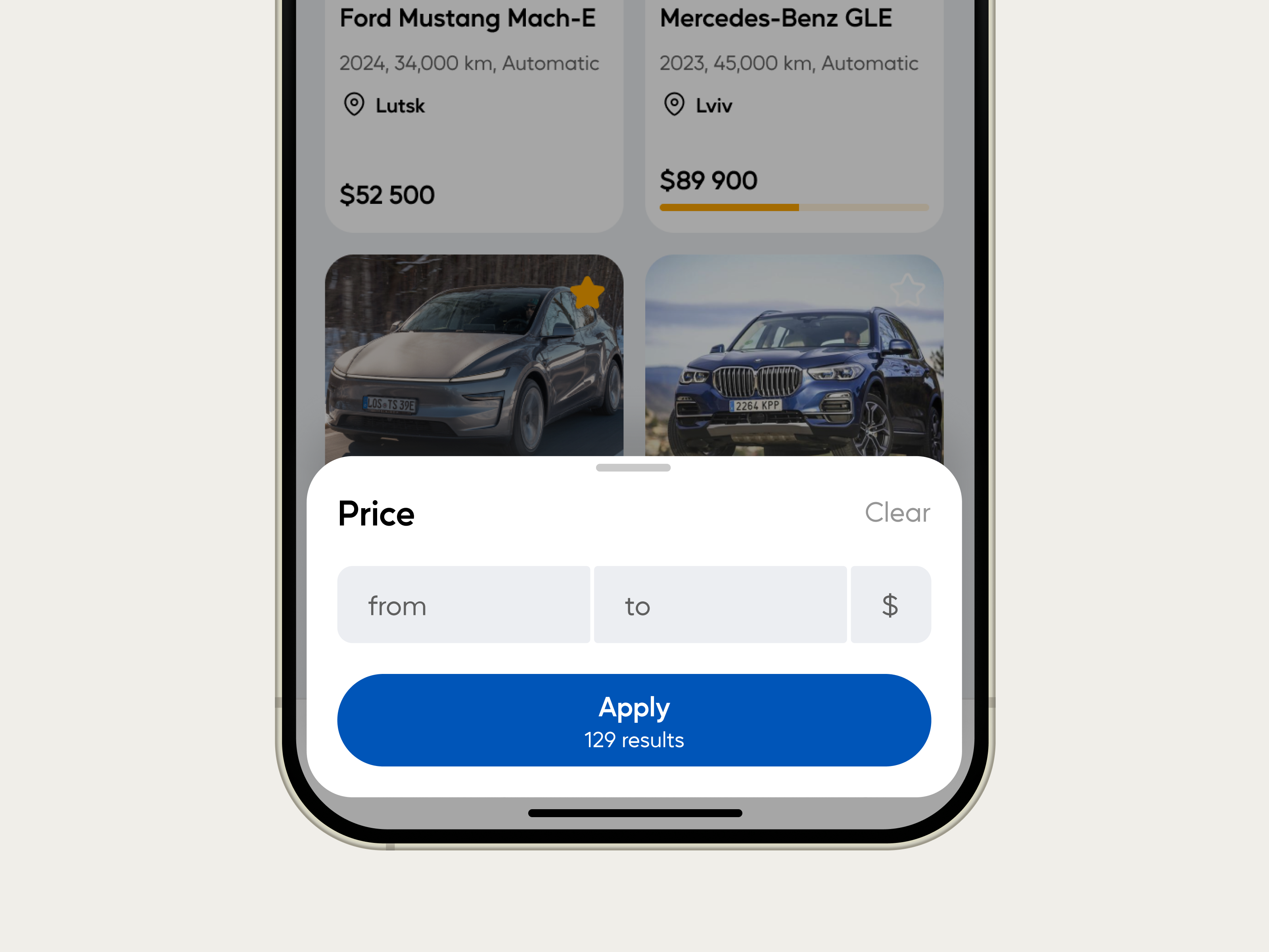 Car Marketplace: Price Filter Interaction app design automotive bottom sheet buy car car marketplace clean figma filter ios minimal mobile app price filter range input search ui ui design ux