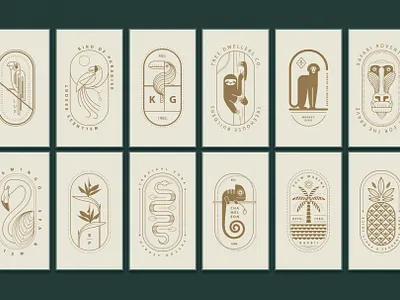 Set of oval logo emblems abstract animal logos branding chameleon logo design flamingo logo geometric illustration logo logo badges logo design logo pack logo stamps monkey logo palm tree logo parrot logo pineapple logo sloth logo snake logo vector