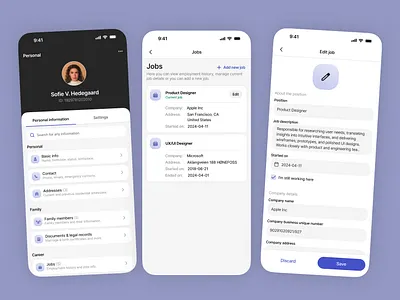 Personal Information Screens app design details mobile settings