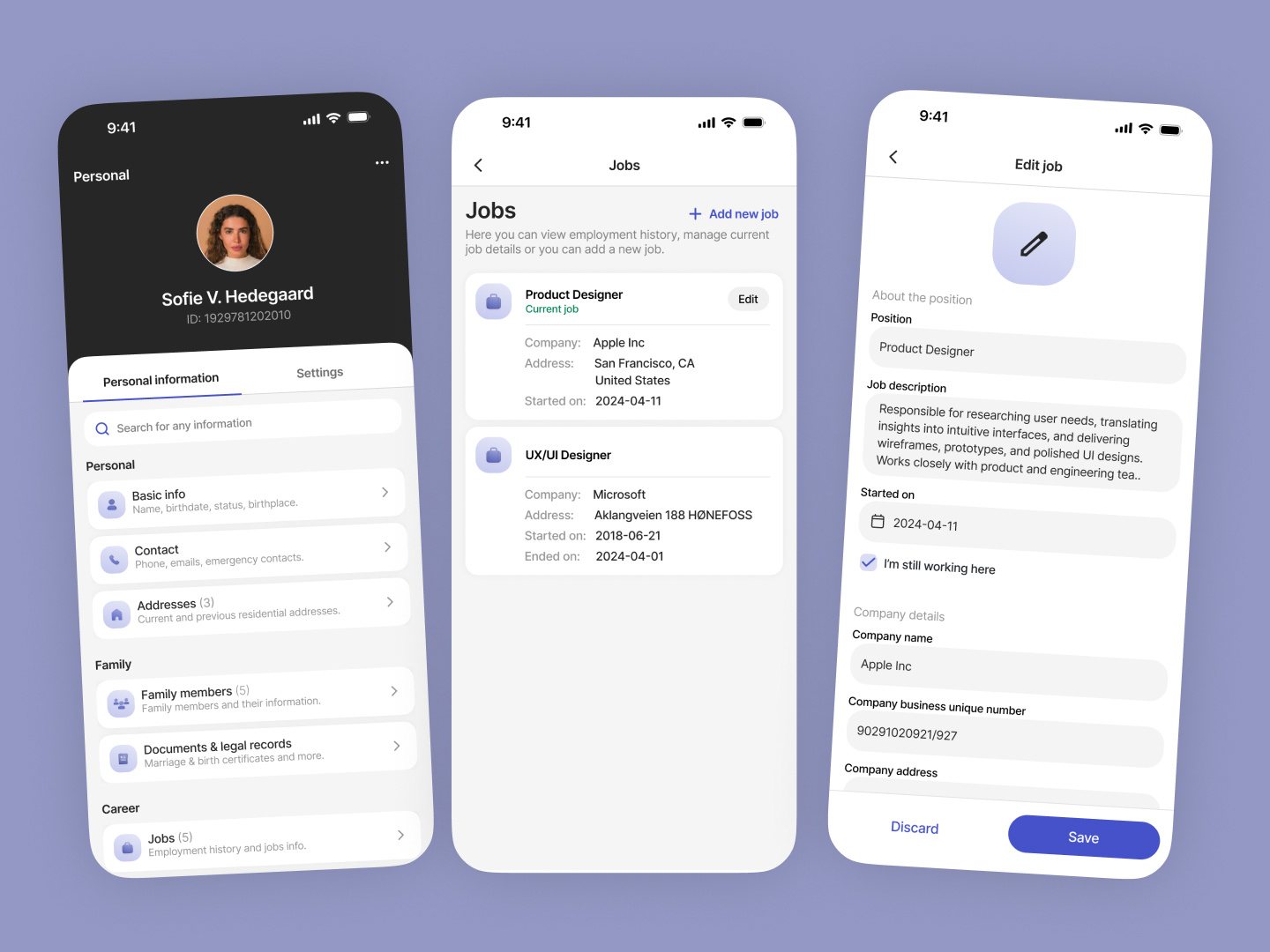Personal Information Screens