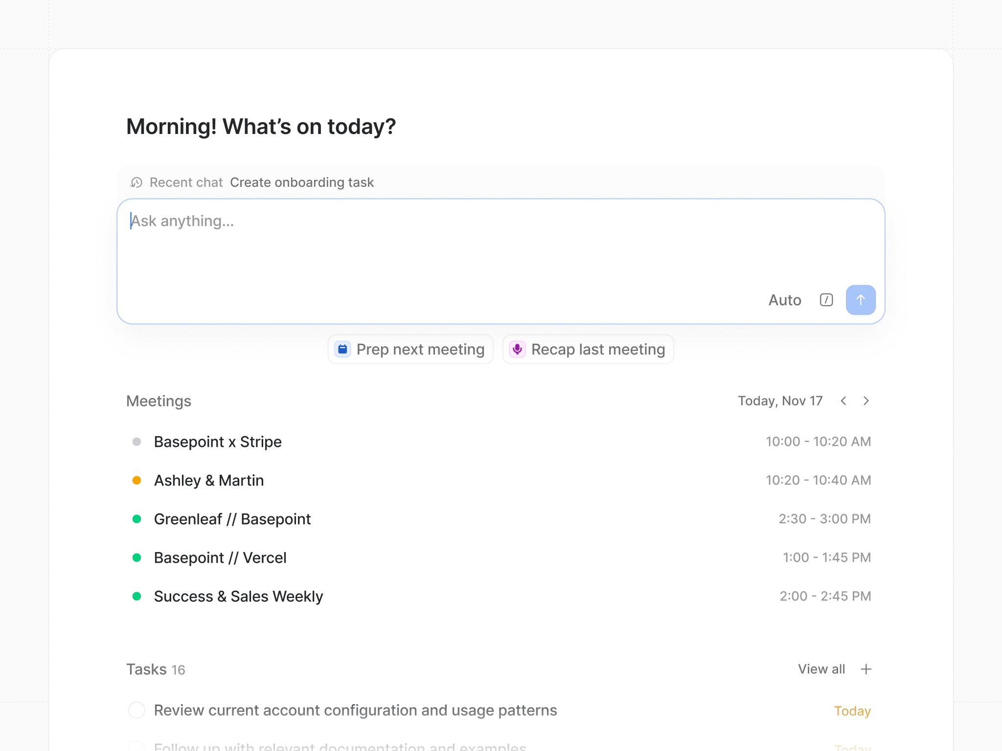 Attio - Home ai artificial intelligence calendar calls chat clean composer crm dark history home homepage interface list meetings platform product tasks to do ui