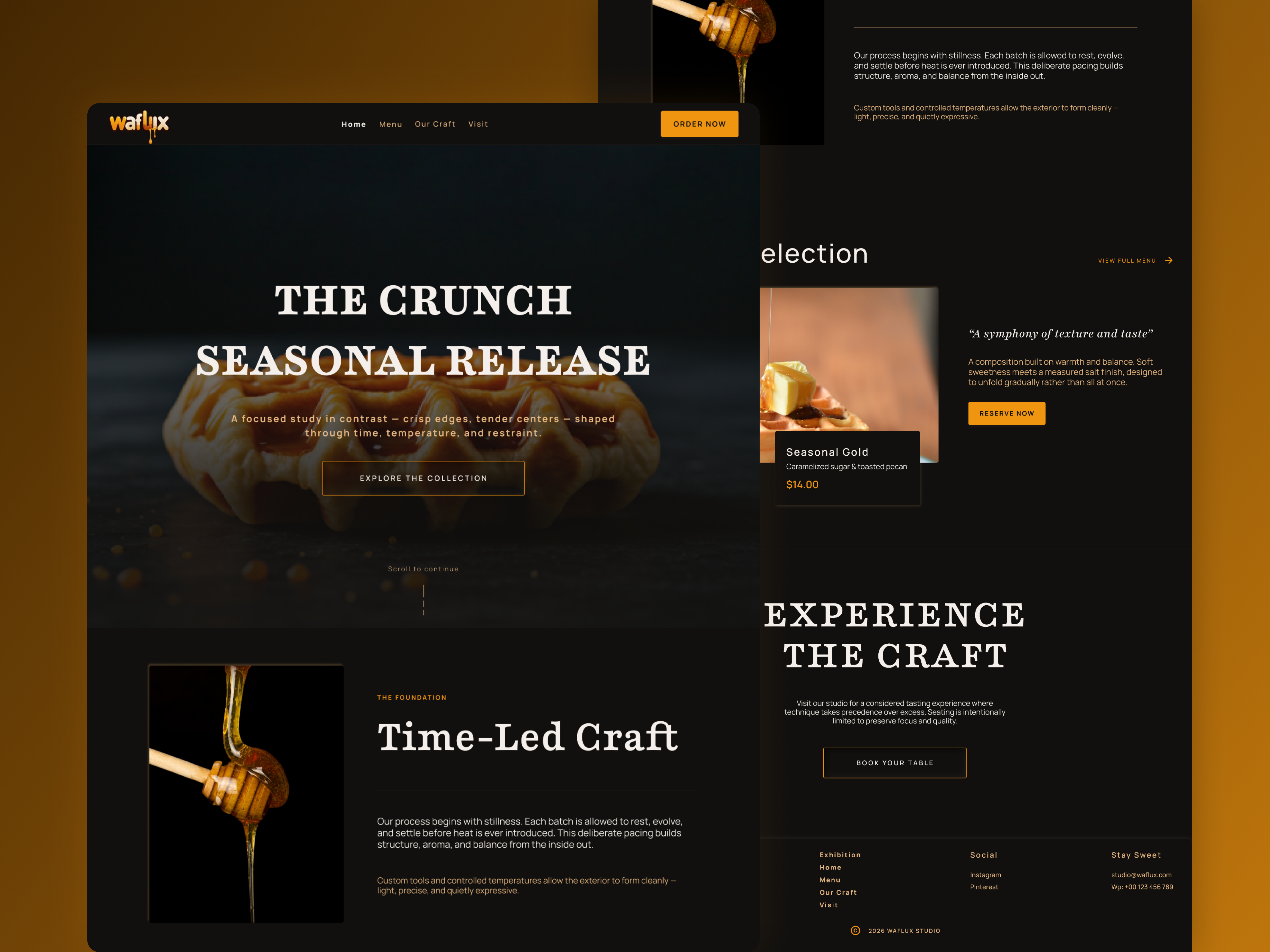 WAFLUX — Luxury Waffle Website bakery website bakerybranding branding cake shop creative website dribbble ecommerce figma foodwebsite landingpage luxuryui marketingdesign pastel ui ui design uiux ux design waffle shop webdesign website design