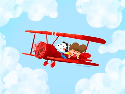 Fly brown cartoon character charlie clouds color cute design fanart illustration peanuts plane red sky snoopy wind
