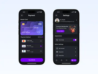 Modern Payment & Settings UI 🌙📱 app design dark mode dark ui dribble figma design mobile app design payment app ui ui design ux design
