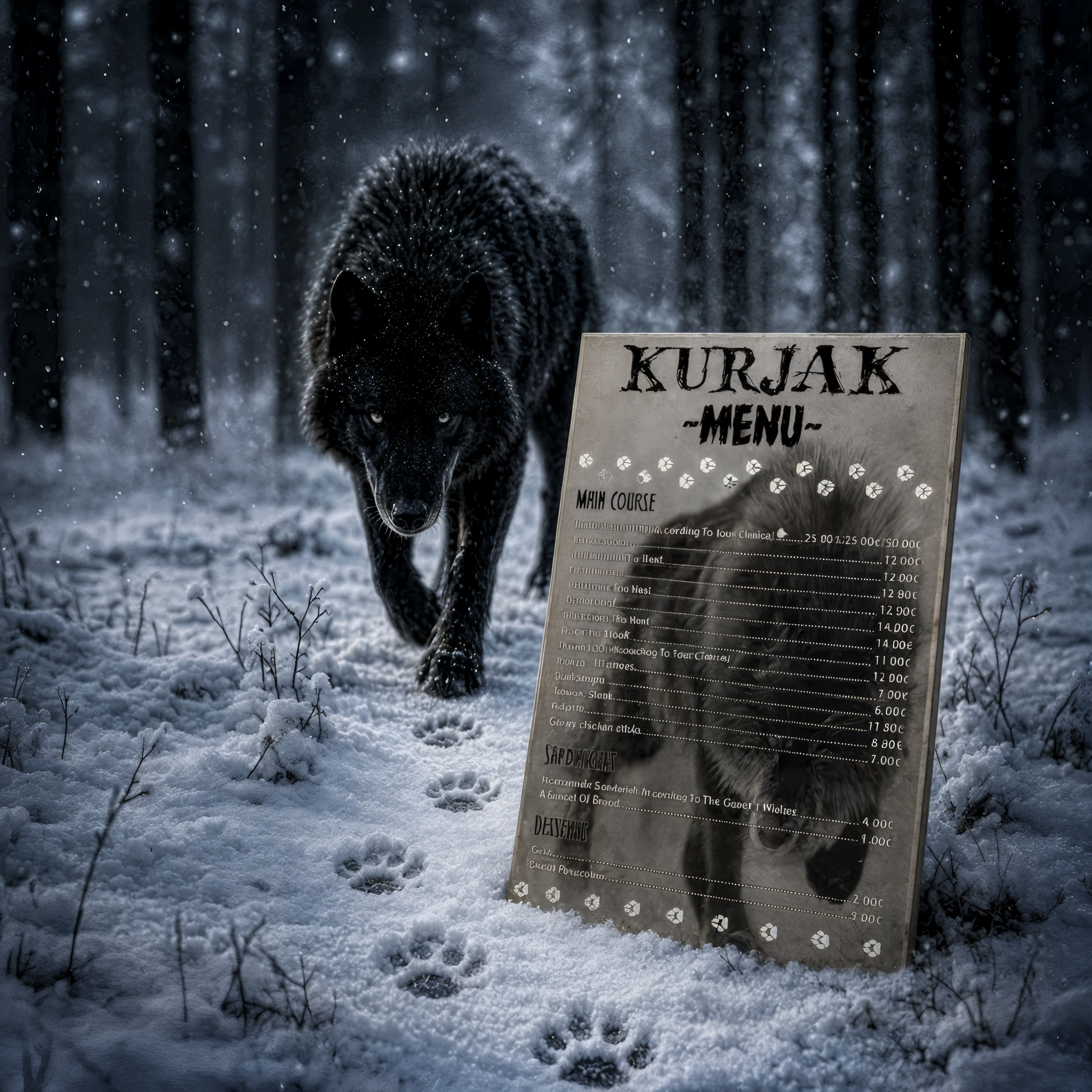 One Page Menu - KURJAK bold typography branding dark aesthetic food design forest vibe graphic design hospitality identity kurjak layout menu menu design mountain style one page menu print design restaurant restaurant menu rustic design wild wolf