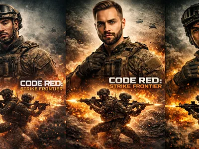 CODE RED STRIKE: FRONTIER – Cinematic Military Action Poster action movie poster battlefield scene cinematic action cinematic lighting cinematic military double exposure poster gritty combat heroism and chaos military action poster military concept art modern warfare art special forces poster tactical soldier war zone artwork
