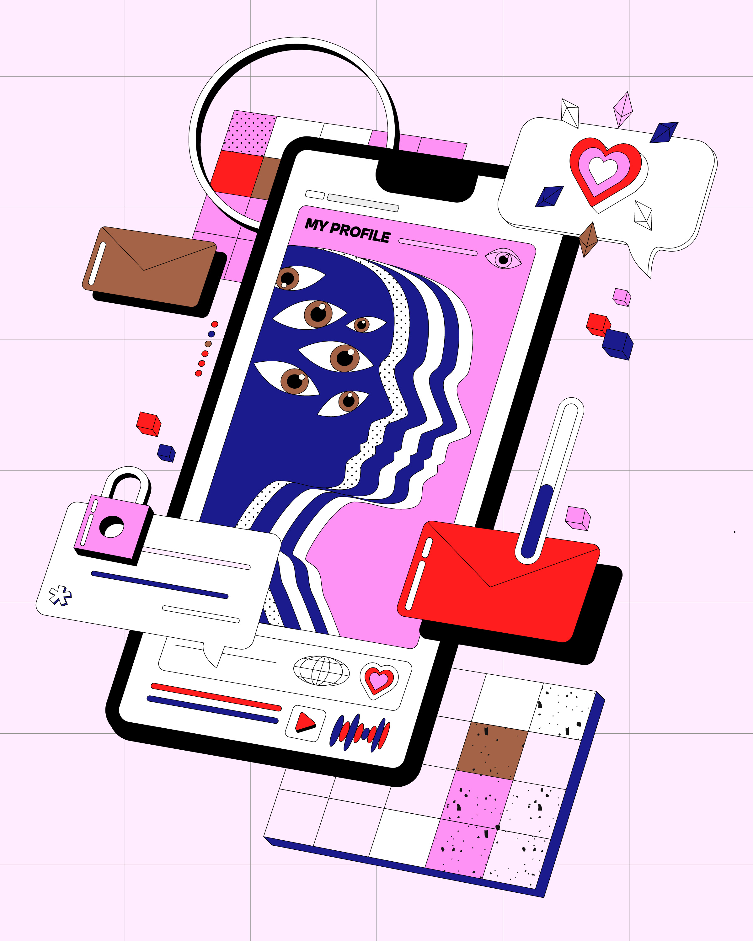 Personal Branding app design branding color palette colorful design editorial editorial illustration grid heart illustration personal brand phone pink portrait profile red symbols vector vector art vectorart