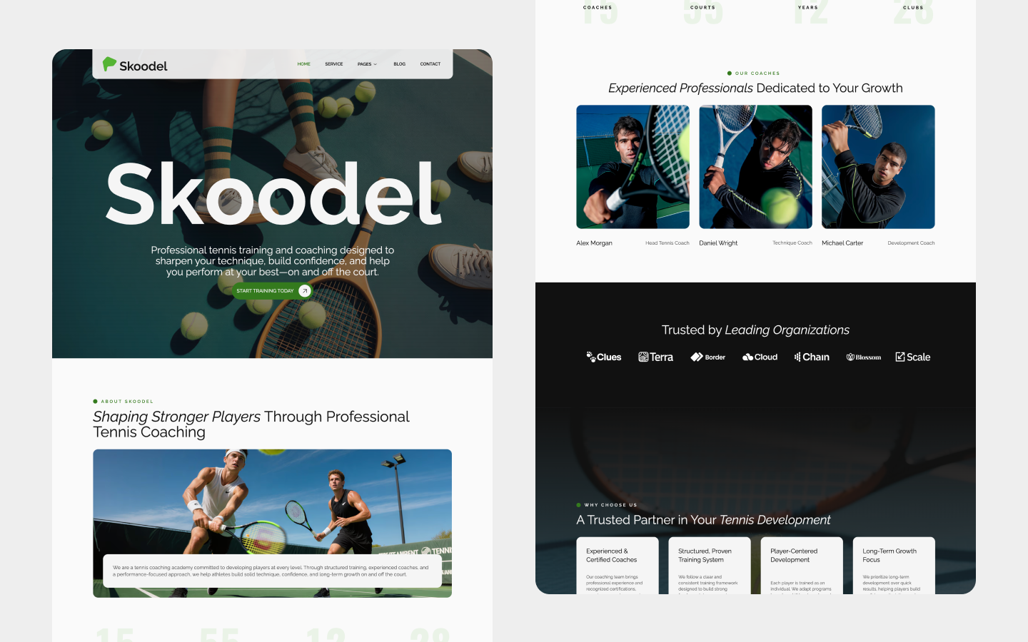 Skoodel - Tennis Webflow Website Template animation clean graphic design gsap modern responsive template tennis ui web design webflow webflow development webflow template webflow website website website template
