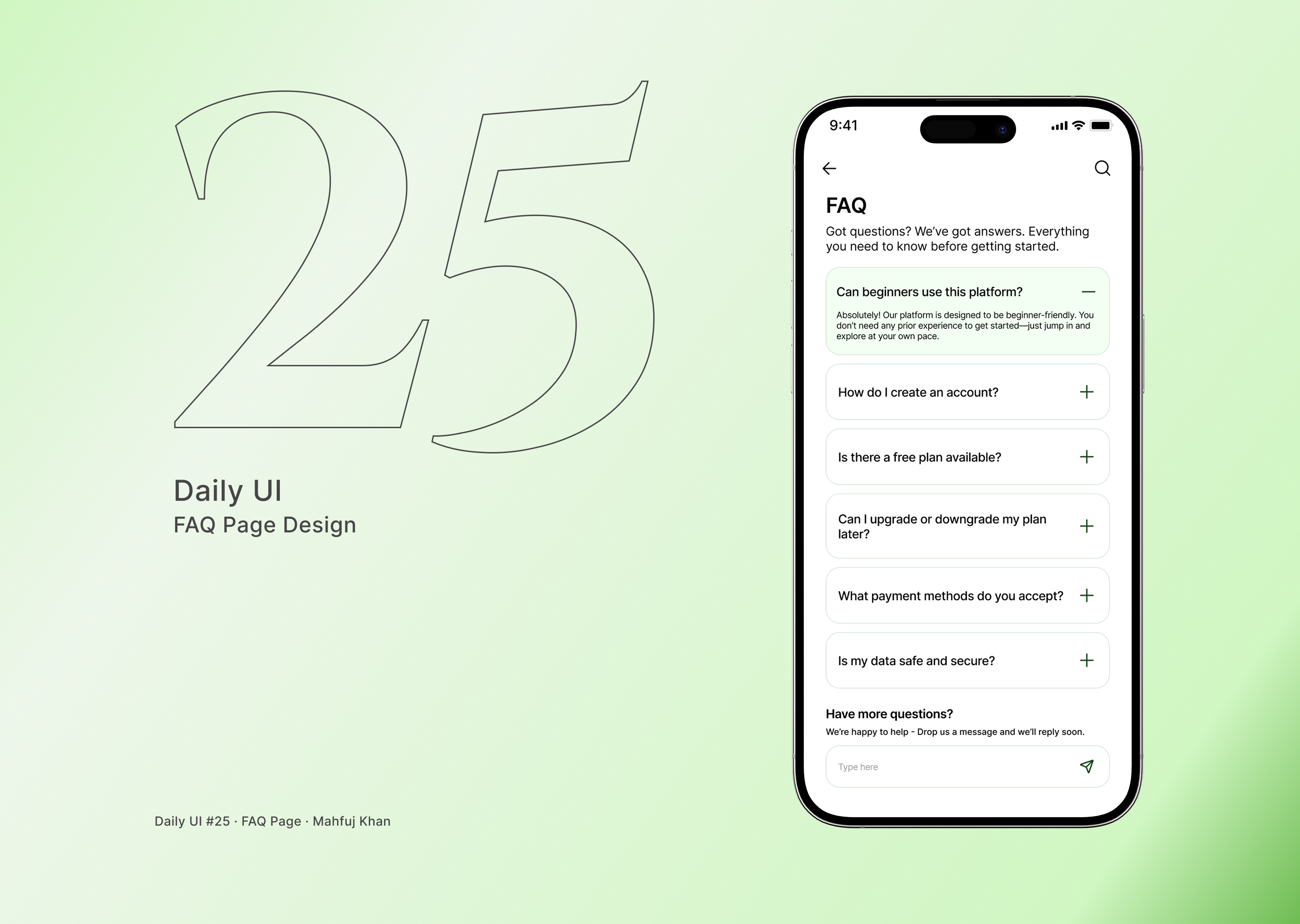 Daily UI #25 — FAQ Page Design accordion ui dailyui dailyui25 faq page faq ui figma help center interface minimal mobile ui support page uidesign ux design