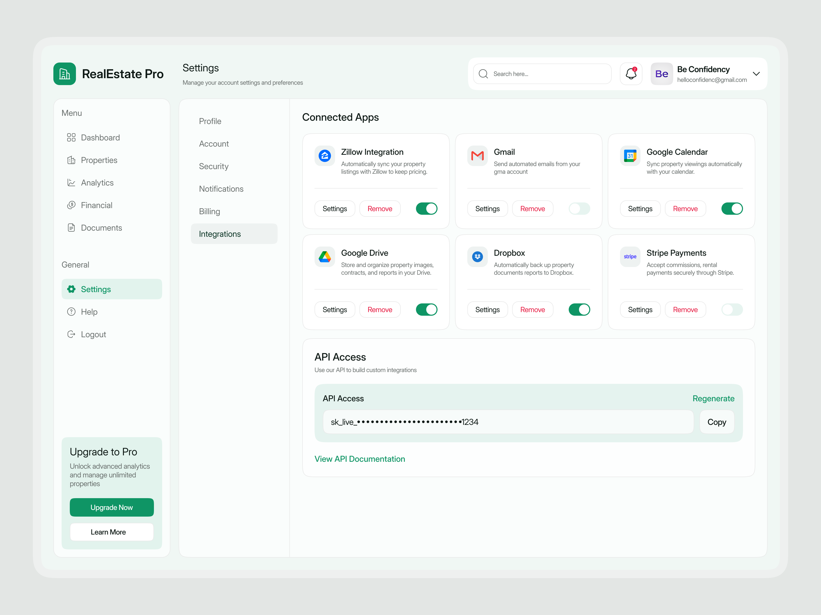 RealEstate Pro – Account Settings & Integrations Dashboard interface product service startup ui ux web