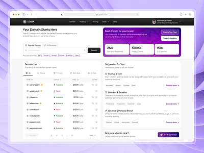 Doma - Domain Finder Dashboard admin dashboard card clean cloud hosting cloud server dashboard design domain domain dashboard hosting product design server hosting ssl ui ui design uiux ux web design web hosting website