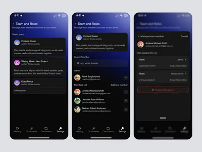 Team & Roles Management Mobile App: Access Control and Member access ai ai support app design dark mode ios manage team member member mobile app mobile app design permission product design saas app saas mobile app settings team team member team permission uiux workspace