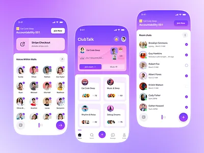 Social Audio Chat Room Mobile App UI app design audio chat app chat room chat room app clubhouse live chat app live chat room live streaming app mobile app purple ui social app social media app ui voice chat