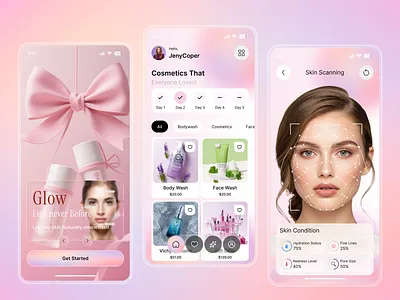 Cosmetics Store Mobile App UI — Soft Pink Aesthetic app inspiration beauty app cosmetics app ecommerce app fashion app makeup app mobile app pink aesthetic product design shopping app skincare app soft pastel ui design ux design