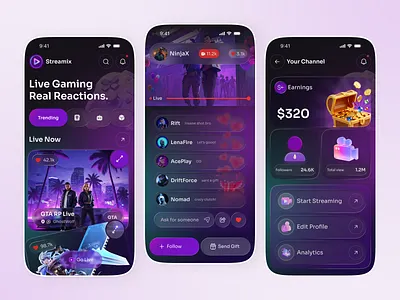 Live Game Streaming App creator app dark esports ui game game app gamer ui gaming app live show live streaming mobile app mobile app design play player product design streaming streaming app video watching