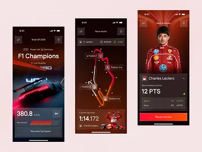 F1 Race Analytics Mobile App app design automotive dark ui driver stats f1 app f1 racing app formula 1 formula1 ios app live score app mobile app mobile app design motorsport ui race track race tracker racing app sports analytics sports app ui design