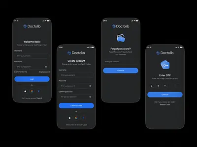 Login & Create Account 3d authentication ui create account creative ui doctolib enter otp forget password ios login login page minimal design mobile app product design ui ui design ux visual design