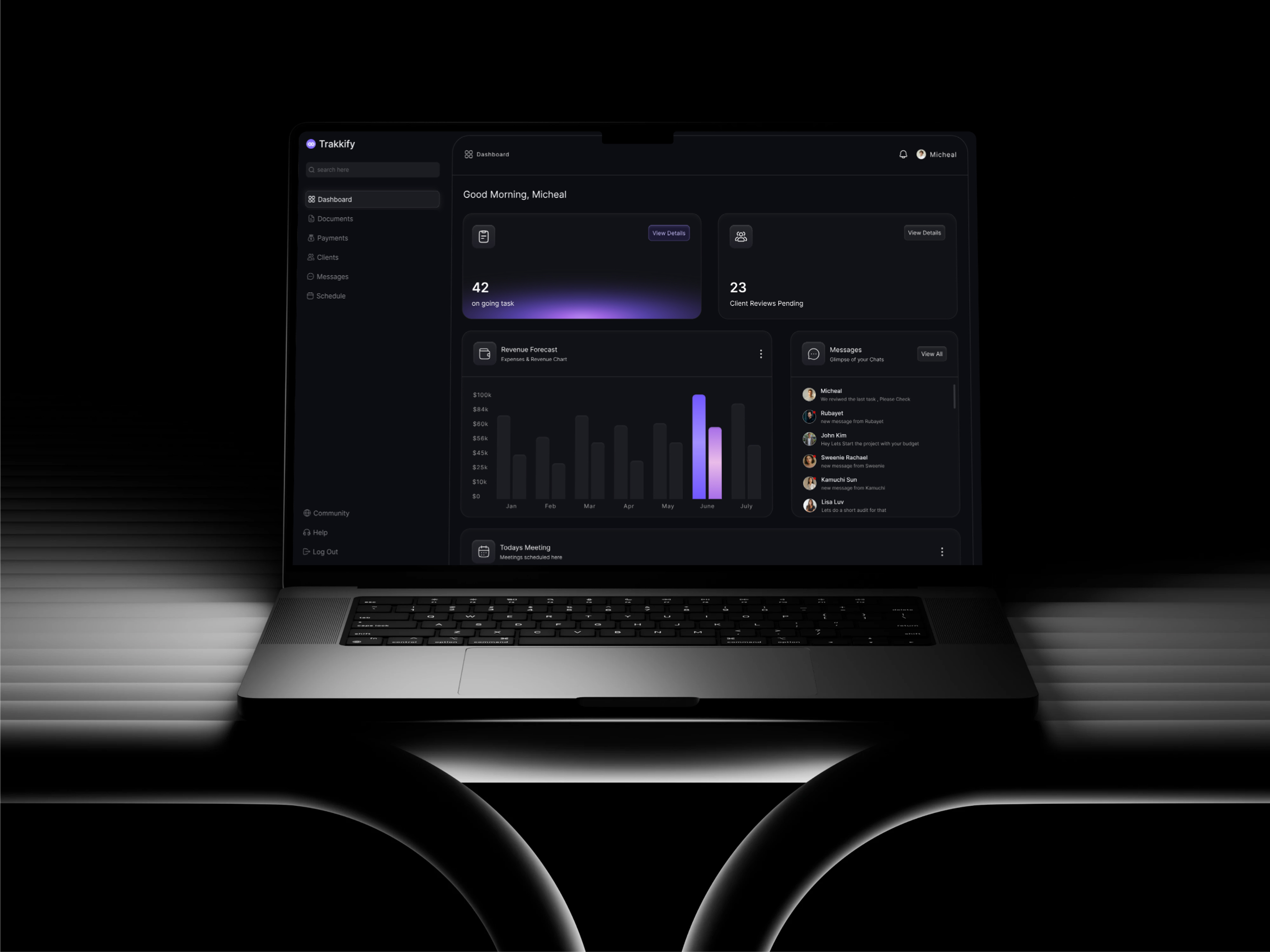 Trakkify — Task & Revenue Dashboard (Dark Mode SaaS) b2bdesign darkmodedesign dashboard digitalproduct dribbbleshot interfacedesign minimal minimalui productdesign saas saasdesign ui ux webapp website