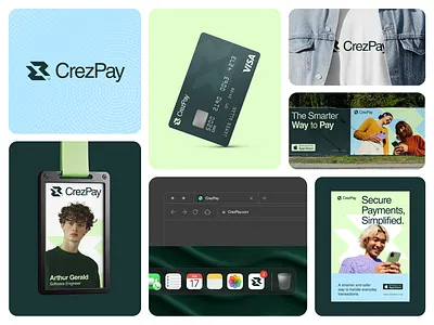 CrezPay — Brand Sneak Peek & Visual Applications brand application brand exploration brand identity branding design system digital finance digital payment financial app fintech fintech branding marketing design minimal branding modern finance outdoor advertising payment card design product branding ui branding visual identity wearable branding