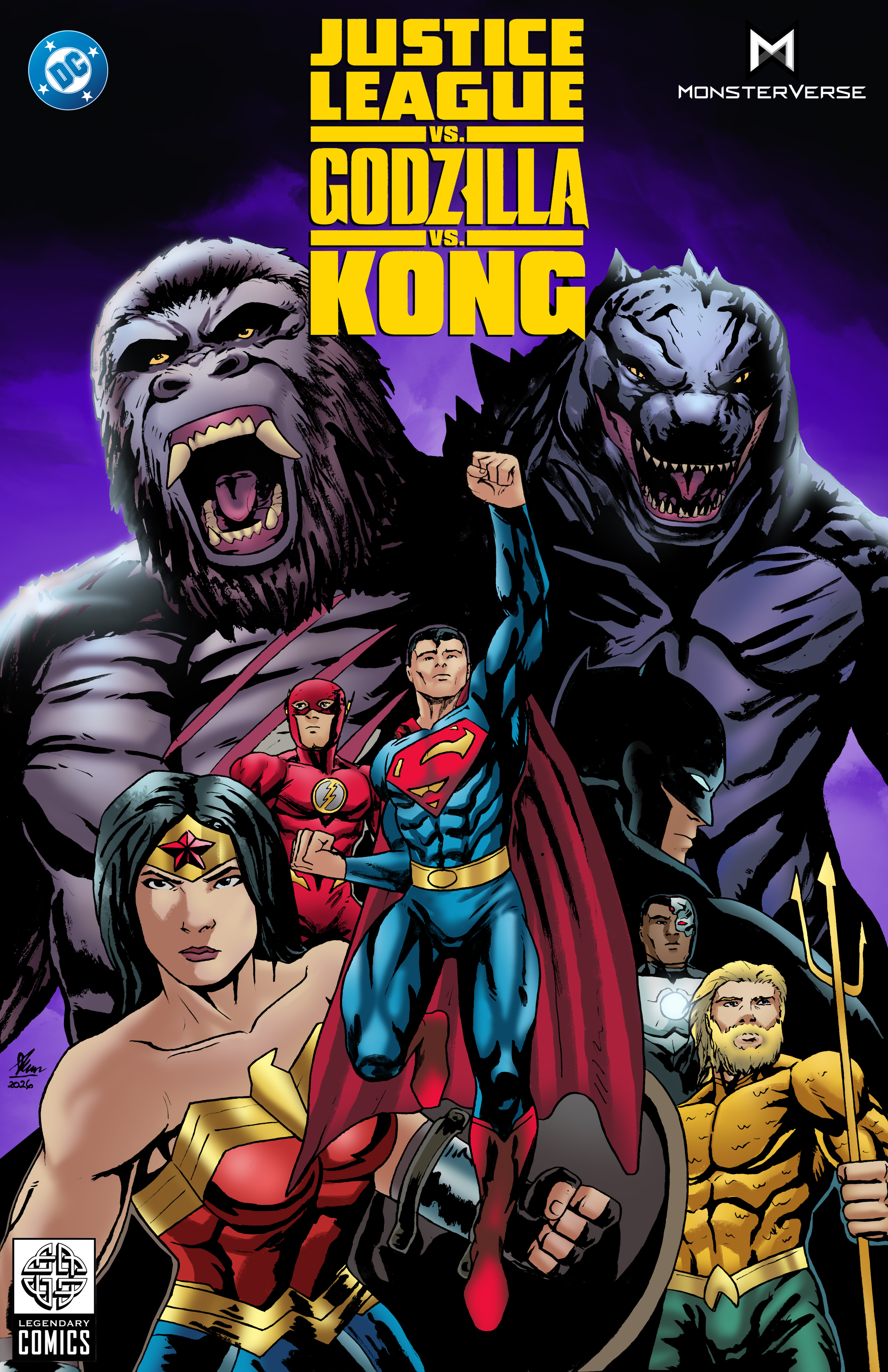 Justice League vs Godzilla vs Kong artist artwork branding character character illustration comic artist comic cover comic style concept cover artist dc comics design drawing godzilla illustration justice league kaiju monster poster super hero