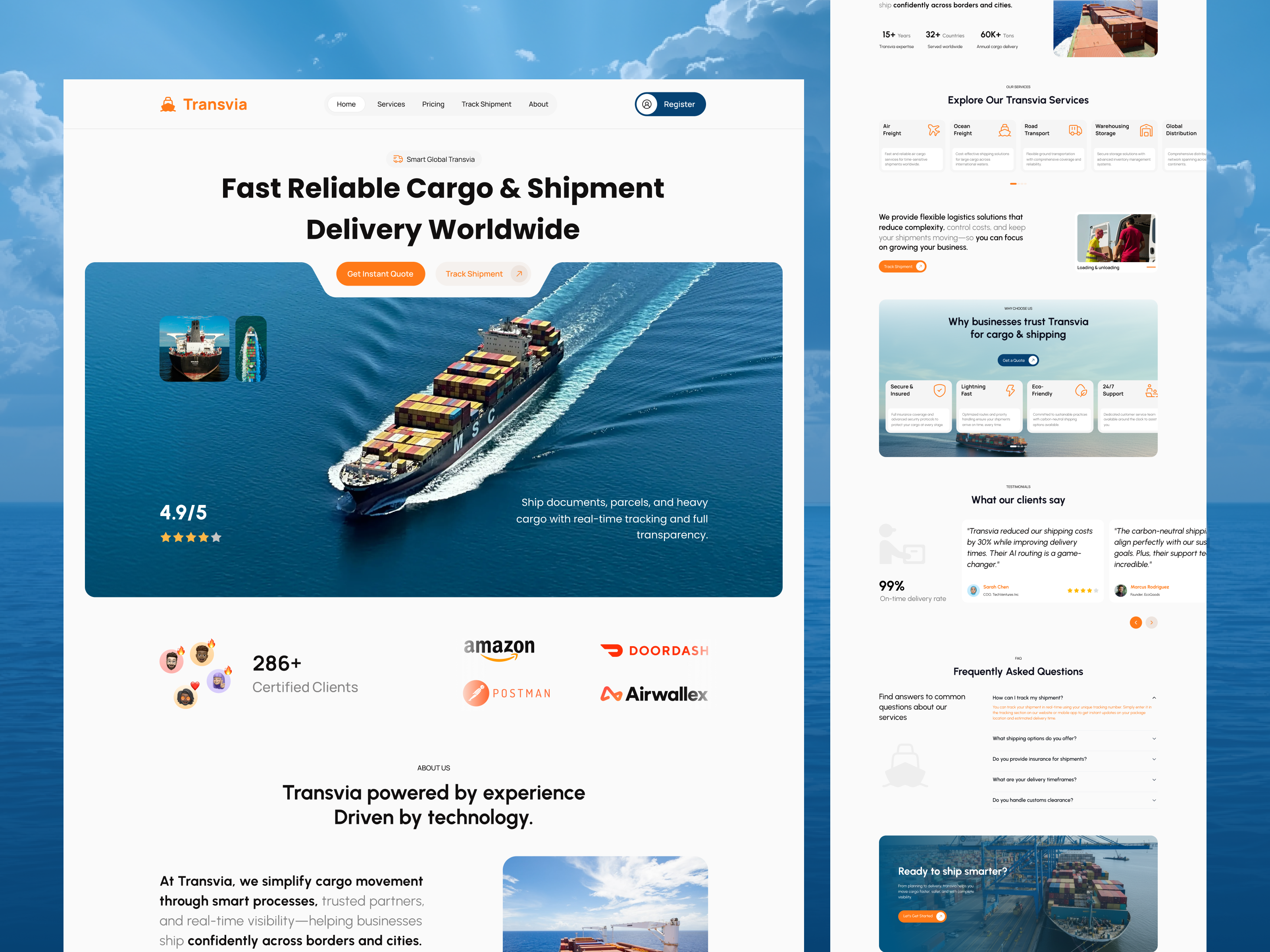 Transvia — Cargo & Shipment Delivery Website UI/UX b2bwebdesign cargodelivery cleanui dribbbledesign enterprisewebsite framer website designer freightwebsite logisticsui logisticswebsite modernwebdesign no code website design nukta productdesign saaswebsitedesign shipmentdelivery shippingplatform supplychaindesign transportationdesign uiuxdesign website ui designer
