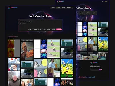 AI Meme Generator Web App UI Design ai ai product community platform content creation creative tool creator platform dark ui dashboard ui entertainment app futuristic ui generator tool grid layout meme generator modern interface prompt based ui saas design startup ui ui design ux design web app