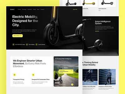 Electric Scooter Landing Page — Axion Smart Mobility UI/UX automotive ui branding e mobility electric scooter electric vehicle ev website futuristic design interactive ui landing page modern minimalist saas landing page smart mobility sustainability tech ui ux urban transport web design
