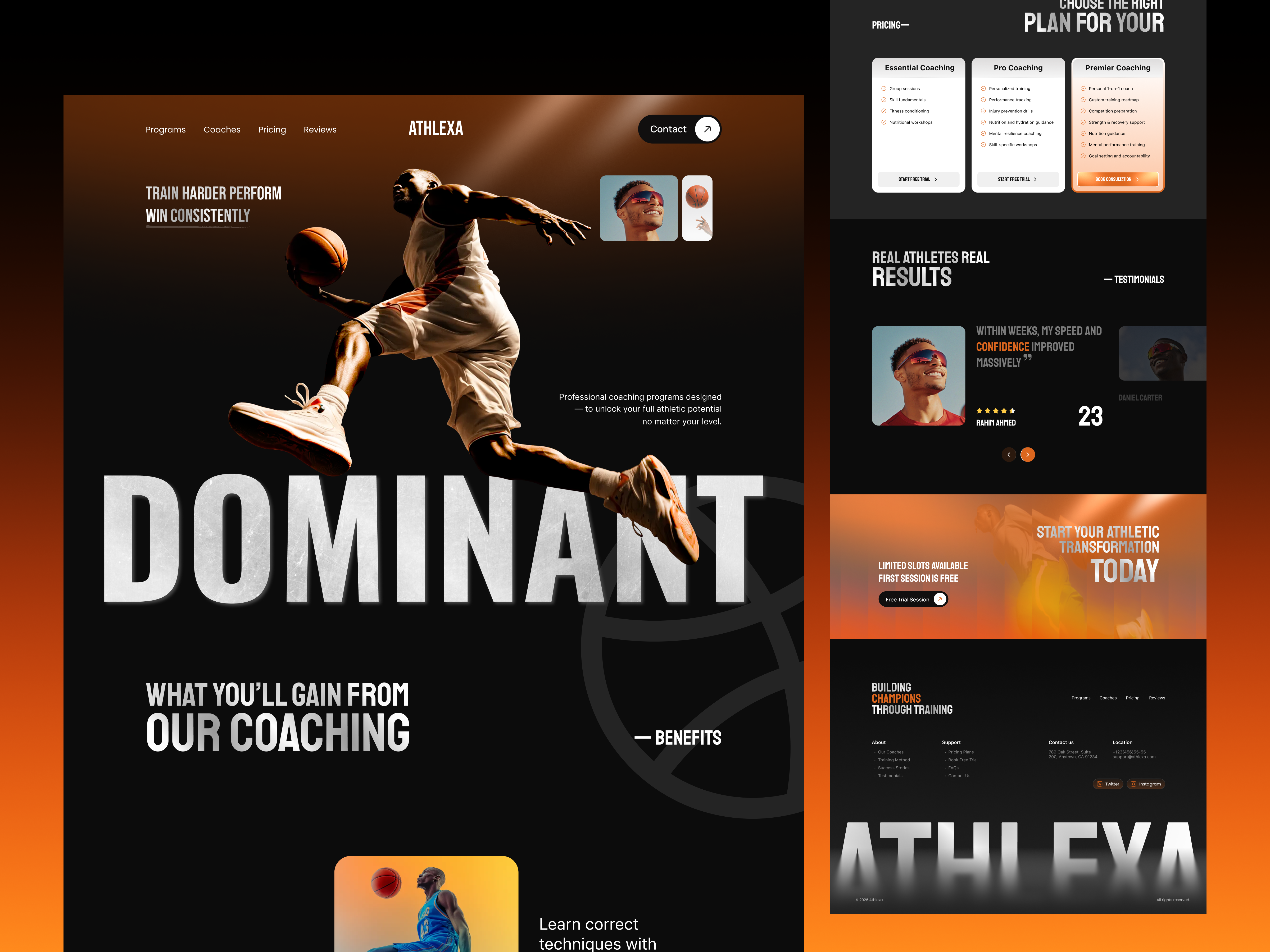 Athlexa — Sports Coaching Landing Page UI/UX athletetraining athleticperformance coachingplatform darkuidesign designinspiration fitnesswebsite gymwebsitedesign landingpagedesign modernwebdesign nukta nuktasolutions personaltrainerwebsite productdesign sportscoaching sportslandingpage sportsui sportsux trainingprogram uiuxdesign webdesigninspiration