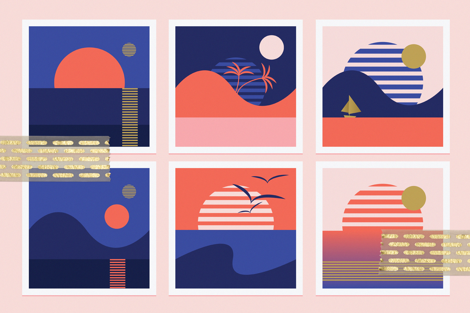 Minimal retro illustration set abstract blue branding colorful colors design geometric graphic design horizon illustration landscape minimalism palm trees red retro summer sunset vector