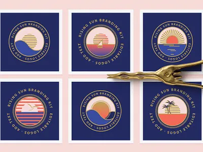 Summer theme logo badge pack abstract branding circle logo colorful colors design geometric illustration logo logo badge logo emblem palm tree summer sun sunrise sunset vector vector logo yacht