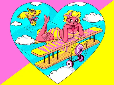 Valentine airline airplane bird blue card character characterdesign design flat design girl heart illustration pink plane postcard valentine vector yellow