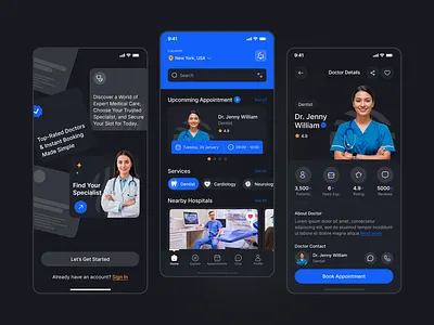 Doctor Appointment Mobile App UIUX Design | Dark Mode app developer app ui app ui design app uiux app ux app ux design dark mode dark mode app dark theme app design doctor appointment booking figma health care app hire ui ux designer mobile app mobile app designer ui user experience user interface ux