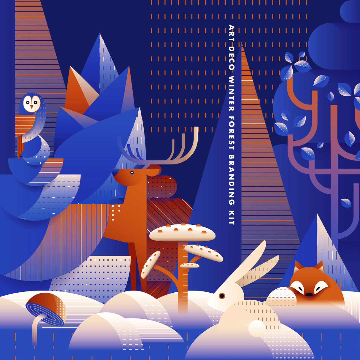 Art Deco style geometric illustration abstract art deco blue branding christmas colorful colors deer design forest animals fox geometric illustration landscape owl rabbit snow vector winter winter forest
