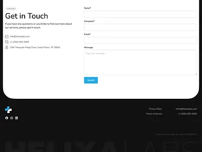 Contact section + footer design for Helixa Labs contact footer landing landing page section web website