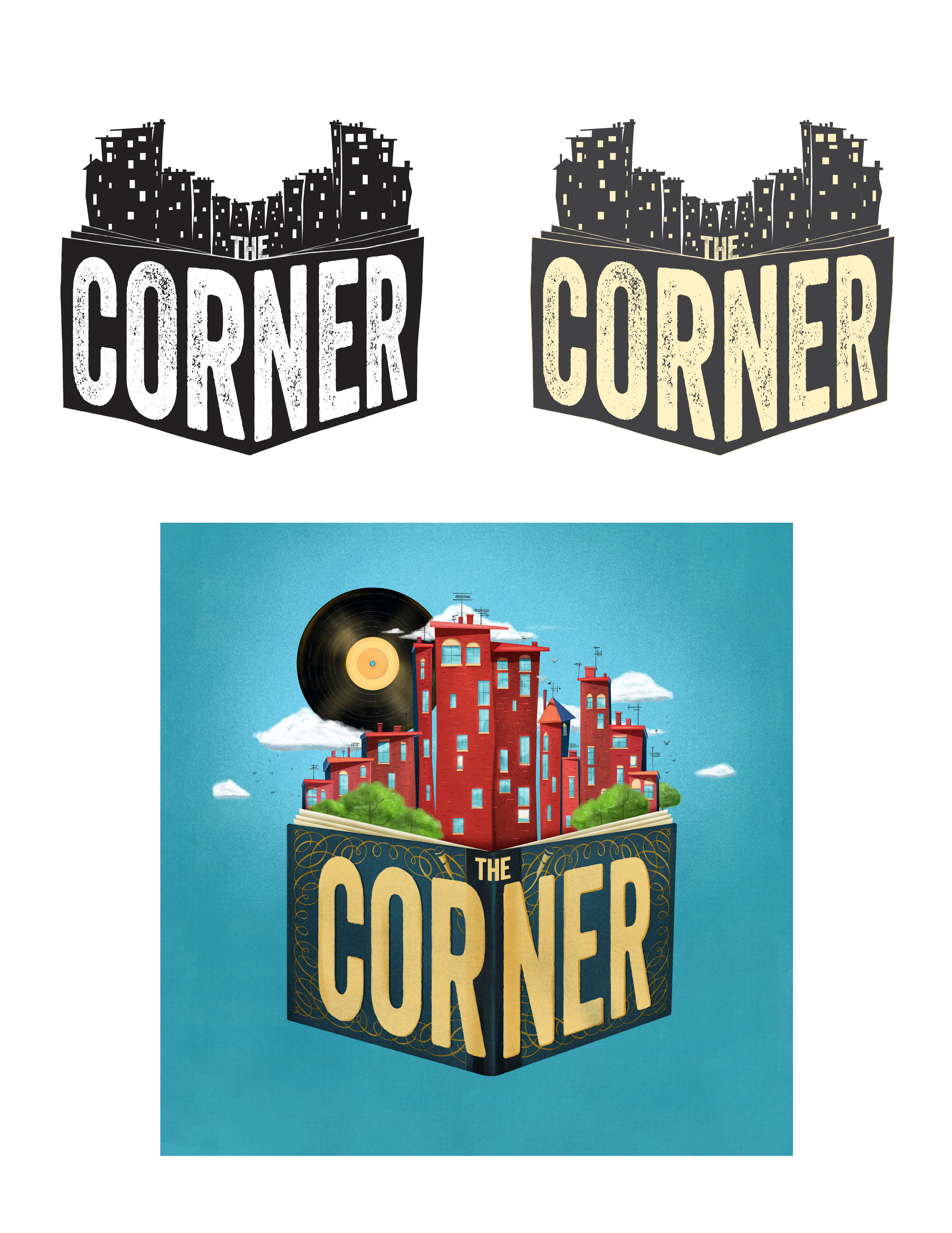 Example of The Corner logo & vinyl record with picturebook