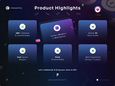 Product Highlights brand branding clean modern minimalist dark purple uix edtitable customizable full vector shapes fully customizable global ui style guide graphic design icon set illustrator ai photoshop psd print designer product highlights product showcase typo typography ui elements ui ux designer well organized