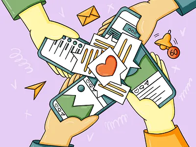 Social media 2d abstract cartoon communication editorial emals hands illustration internet notifications online procreate smartphones social media
