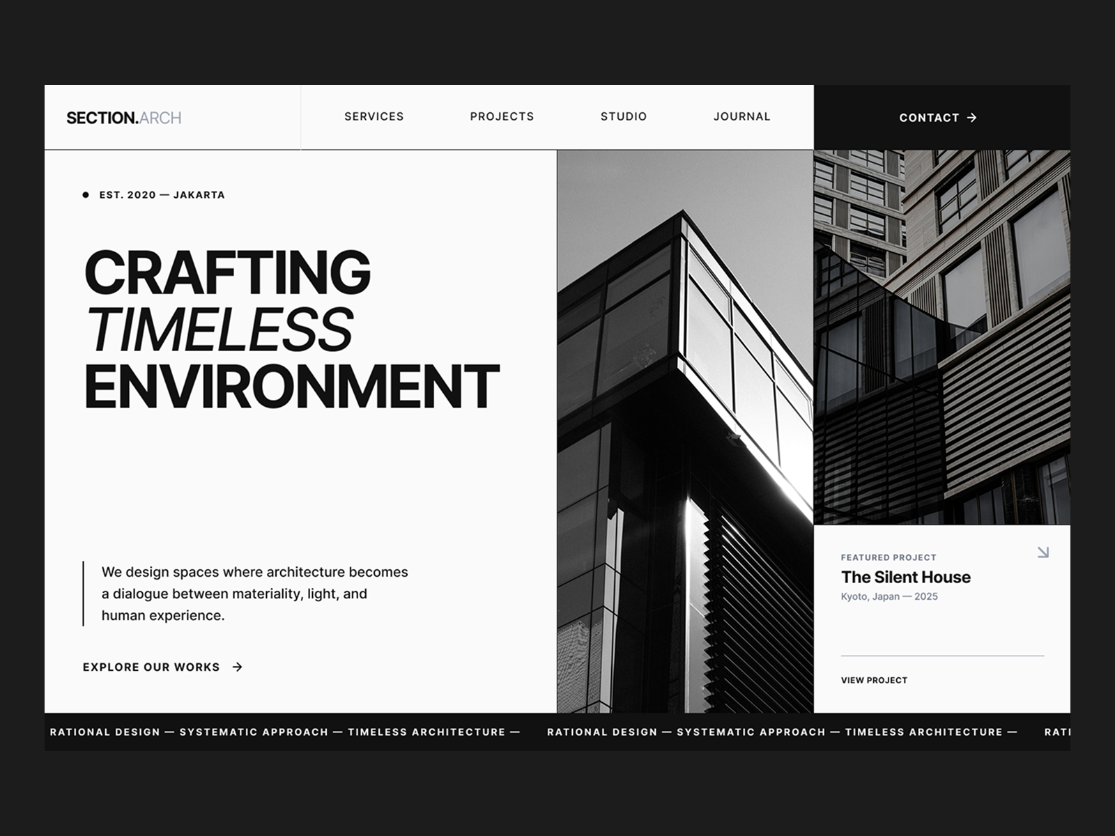 Architecture Studio - Editorial Hero Section UI Concept architecture clean ui design editorial figma grid hero hero section monochrome ui ui design user experience user interface ux ux design website website design