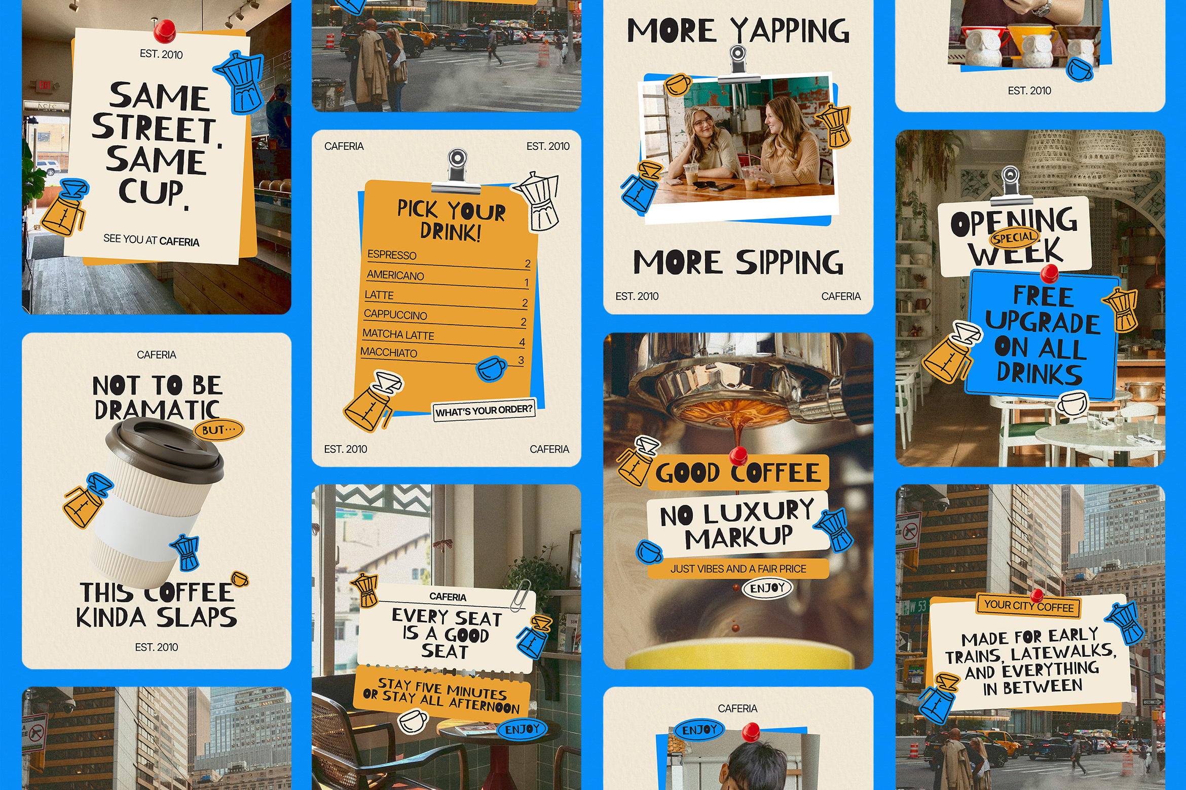 Coffee Shop Instagram Templates beverage branding cafe coffee food and beverage graphic design hand drawn illustration instagram template marketing naive social media social media template sticker urban